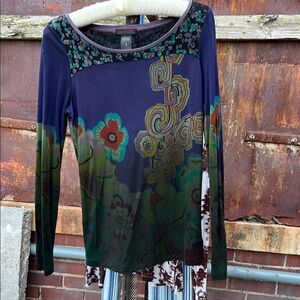 Custo Barcelona Blue Green Graphic Embellished Pullover Top